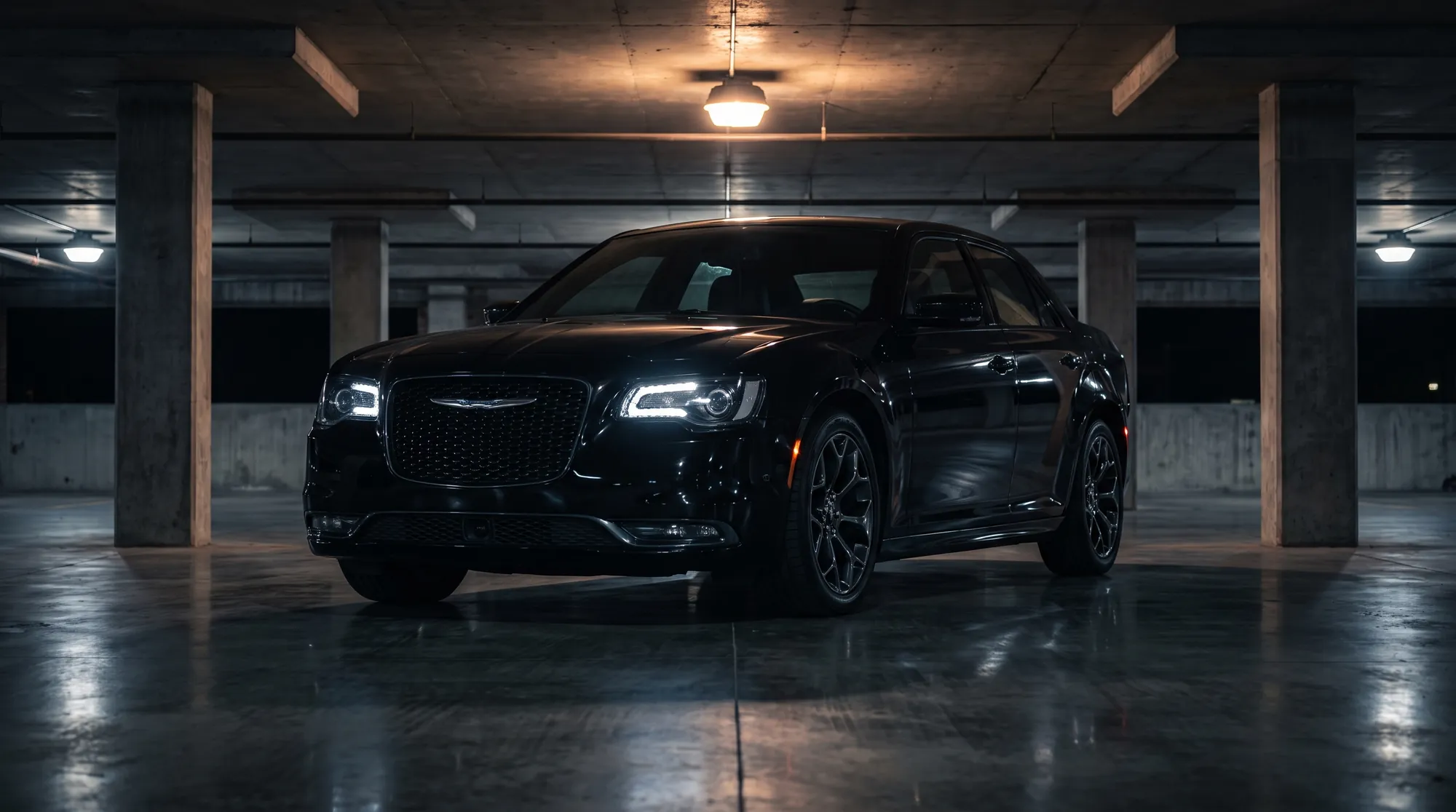 A black Chrysler 300 in a dark parking hall